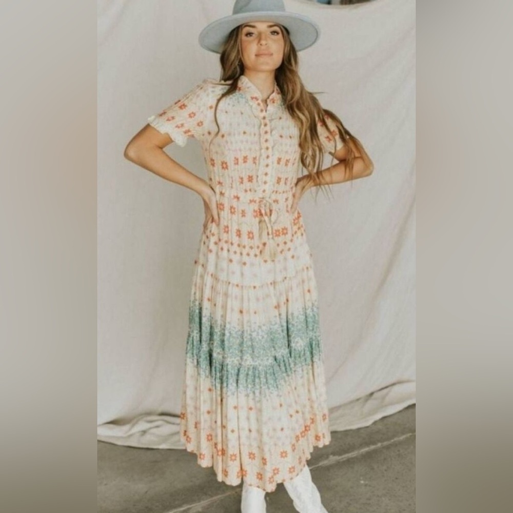 Free People Cream Yellow Floral Maxi Dress with Teal Bands - Picture 7 of 7